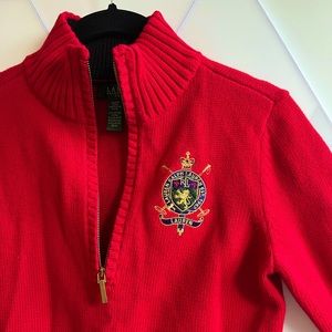 NEW Lauren Ralph Lauren quarter zip red knit sweater w crest emblem XS / Petite